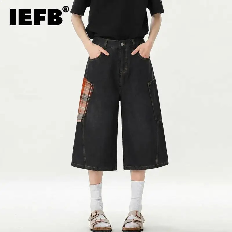 IEFB American Style Denim Plaid Largepocket Curved Hem Mens Denim Cropped Pants Summer Trendy Casual Wide Leg Shorts 9X3242 260609BJ