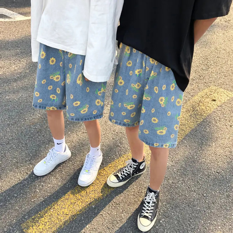 Summer Cotton Denim Shorts Mens Fashion Casual Flowers Denim Shorts Men Streetwear Korean Loose Drawstring Denim Shorts Mens 260609BJ