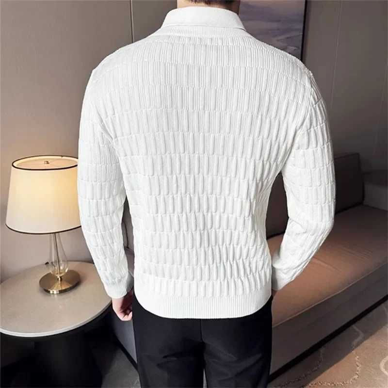 Sweater Autumn Winter Men Fashion Fake Two Piece Casual Knit Pullovers Mens Turn Down Collar Slim Fit Patchwork Knitted Sweaters X260609