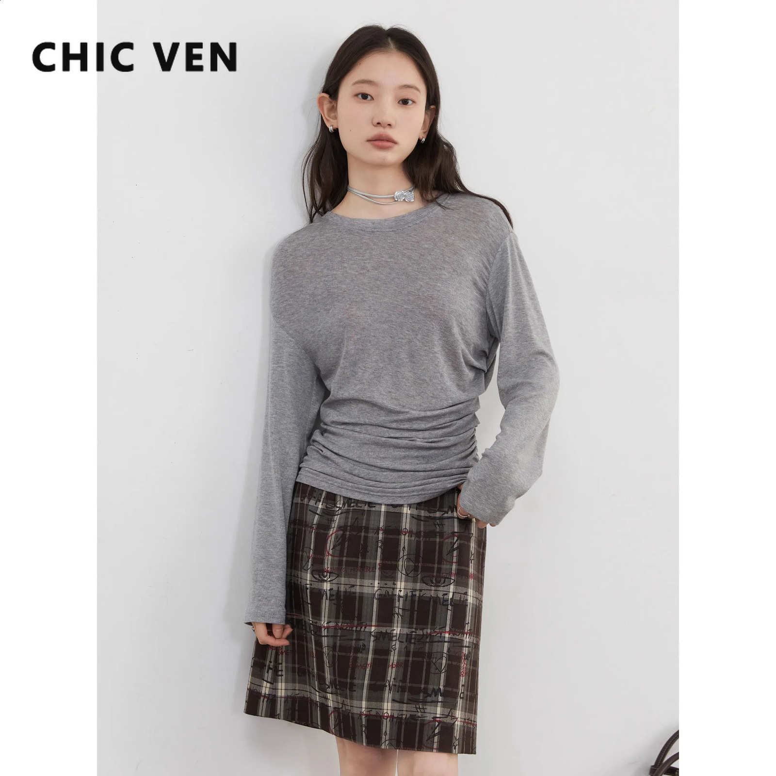 CHIC VEN Women TShirts Solid Long Sleeves Loose Casual Round Neck Pleated Tees Base Female Top Spring Summer 260609