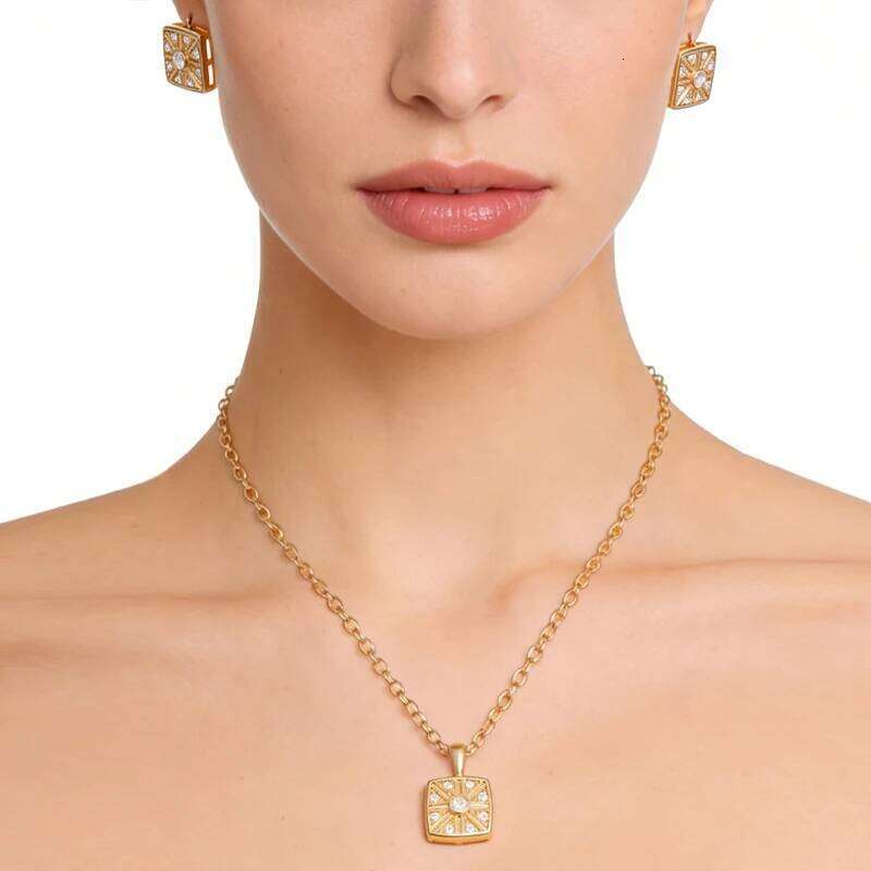 Designer Gold-Plated Geometric Multi-Diamond Earrings Necklace Set Light Luxury Micro-Inlaid Fashion Jewelry Adjustable Women's Accessories