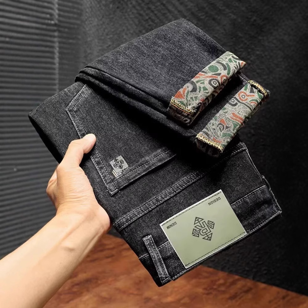 Luxury Brand Designer High-Quality Black Retro Washed Korean Style Slim Straight Leg Jeans With Ethnic Printed Cuffs Casual Streetwear Spring Fashio