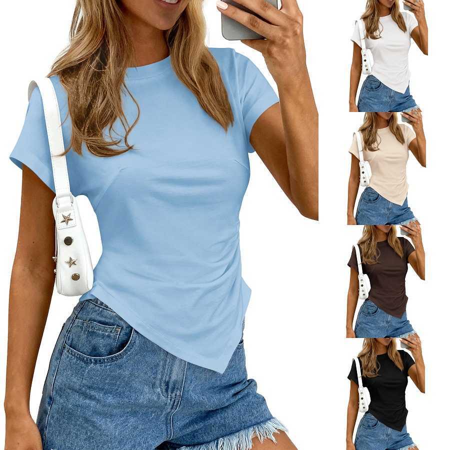 2026 Womens Summer New Solid Color Round Neck Y2K Asymmetrical Pleated Top L260609