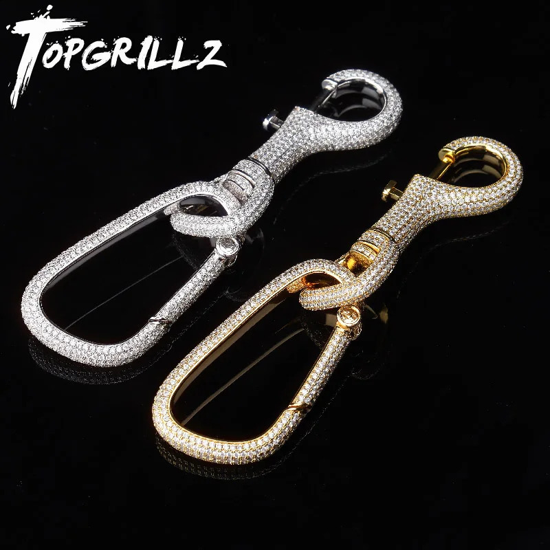 TOPGRILLZ Iced Out Carabiner Keychain For Men Gold Silver Color Hip Hop Charm Jewelry Solid Copper With 5A CZ Keychain Gifts 260609