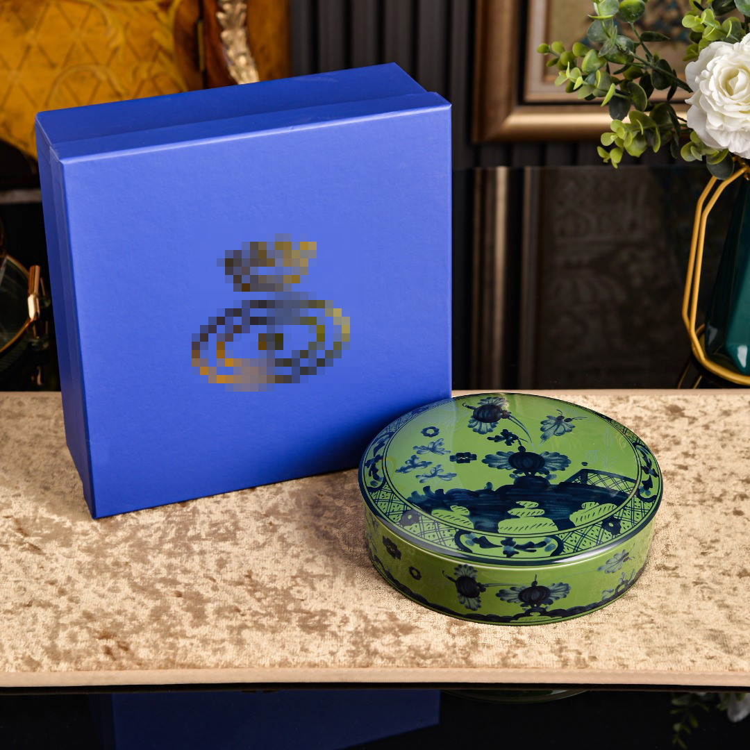 Green Blue Floral Ceramic Round Jewelry Box with Luxury Gift Box, Decorative Trinket Storage Organizer for Earrings Rings Necklace Home Dresser Wedd