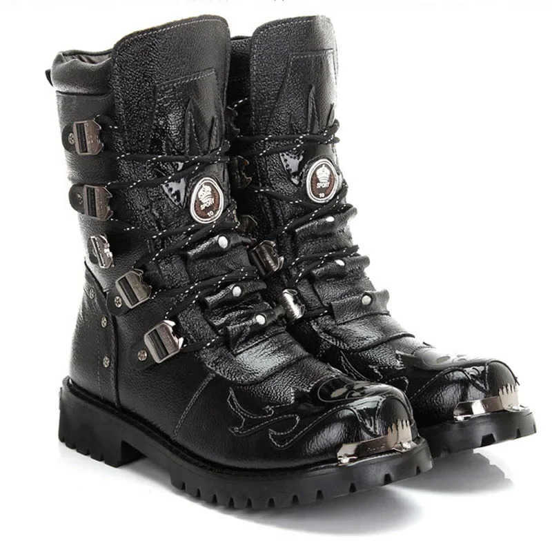 Men Motorcycle Boots New Winter FashiMid-Calf Punk Rock Punk Shoes Mens Genuine Leather Black High Top Mens Casual Boot 38-46 H260609