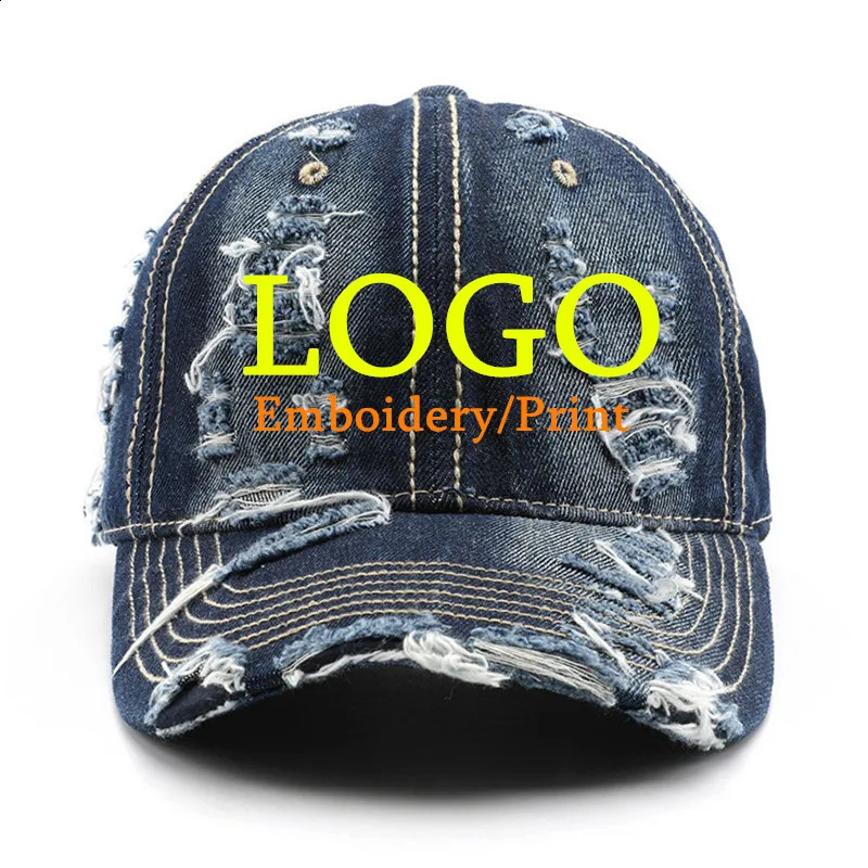Vintage denim washed cotton Custom embroidery distressed cap Ripped hip hop trucker sports hats Mens Baseball caps 260608