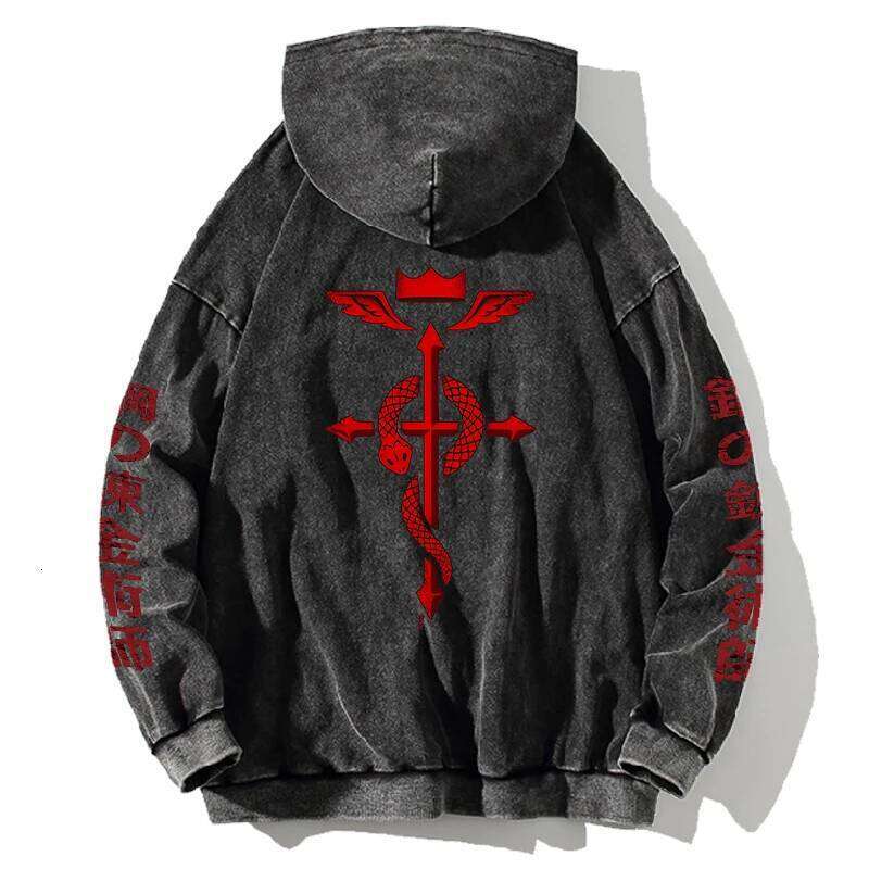 Hot Anime Fullmetal Alchemist Logo Print Hooded Men Women Vintage Manga Hoodies Washed Cotton Pullover Harajuku Loose Sweatshirt 26L0609