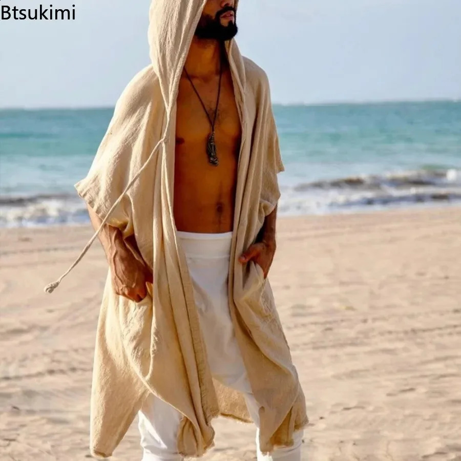 2026 Mens Summer Midlength Cardigans Loose Casual Sun Protection Clothes Beach Holiday Style Shawl Coat Male Long Hooded Cape 260609