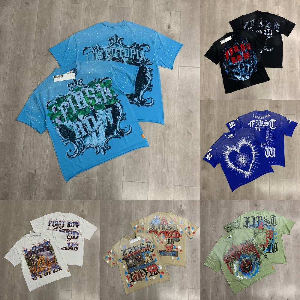 Designer Mens Tshirts First Row streetwear High Street washed vintage Hip Hop Graphic Print rhinestone loose unisex cotton short-sleeve T-shirt Firs