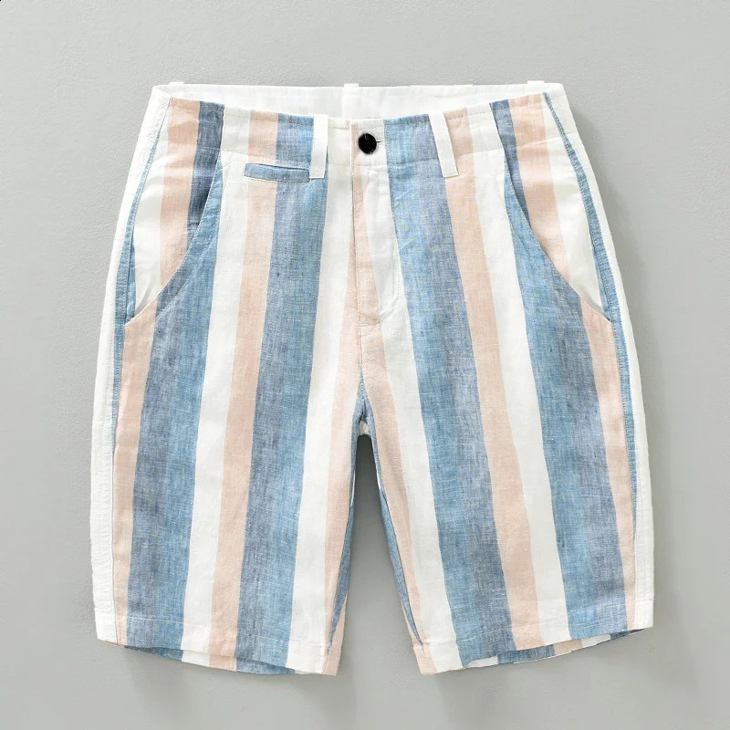 Streetwear Contrast Striped Linen Short Pants Horizontal Comfortable Summer Casual Mens Straight Tube Loose Capris Beach Shorts 260609BJ