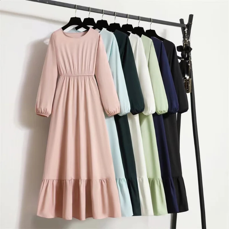 Spring Autumn Mujer Vestidos Solid Full Sleeve O-neck Casual Chiffon Dress Women Muslim Long Dress Solid Loose Maxi Dresses 260609BJ