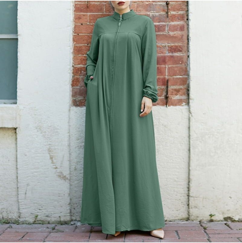 (1921) New Arabian Style Stand-collar Zipper Cardigan with Pockets and Elegant Loose Dress-image-1109643308