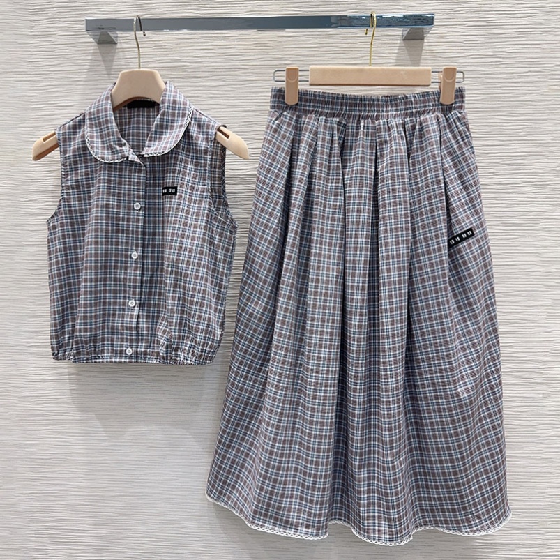 Preppy Style Plaid Vest Skirt Set For Women Designer Button Up Lapel Sleeveless Top High Waist Midi Skirts Summer Daily Casual Outfit