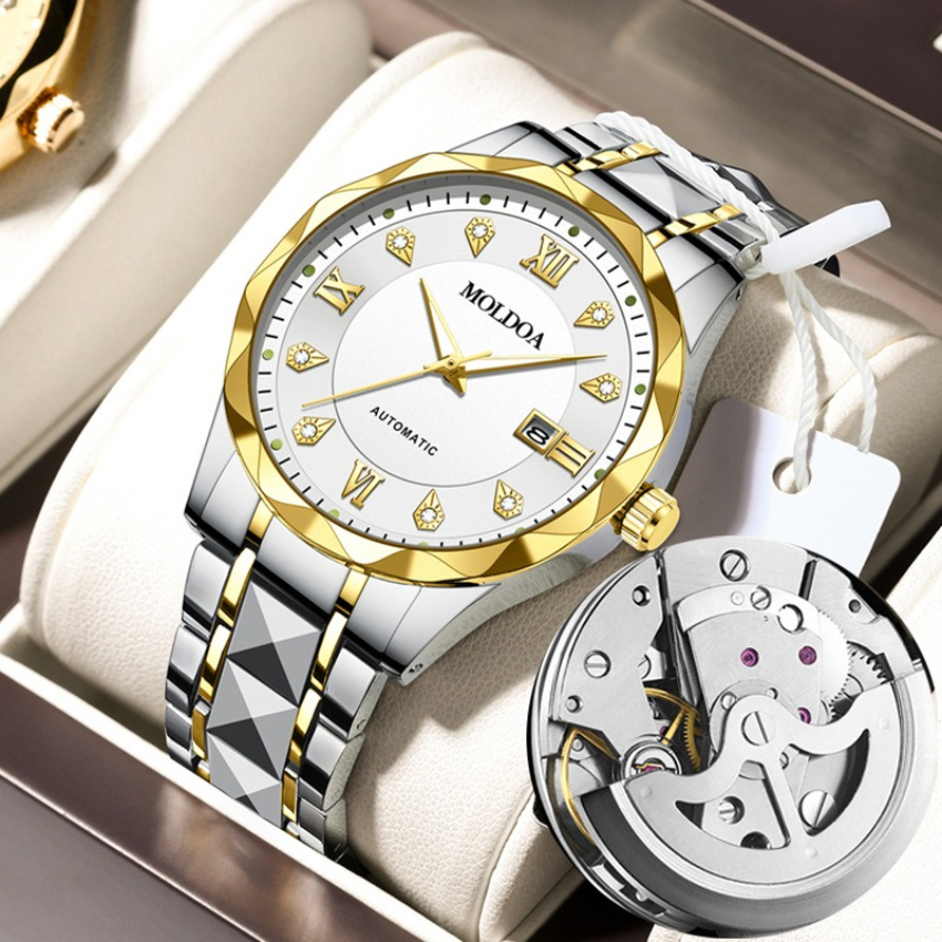 High End Business Style Mens Automatic Mechanical Watch Waterproof Diamond Studded Steel Band Watch Exquisite Gift Watch For Daily Wear In The Workp