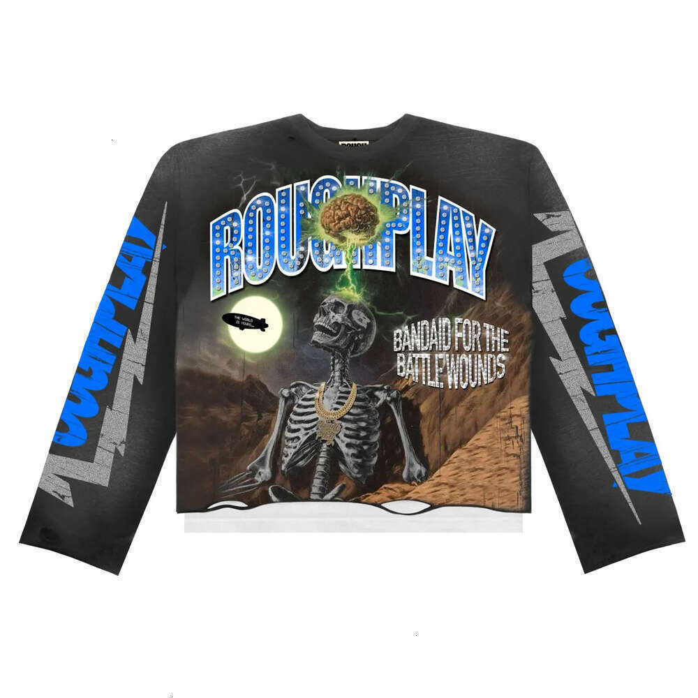 Rough Play Graphic Tee Men Long Sleeve T Shirt Designer Clothes Men Woman Quality Vintage Washed Streetwear Roughplay Top Tees Thermal Men Cotton 1D