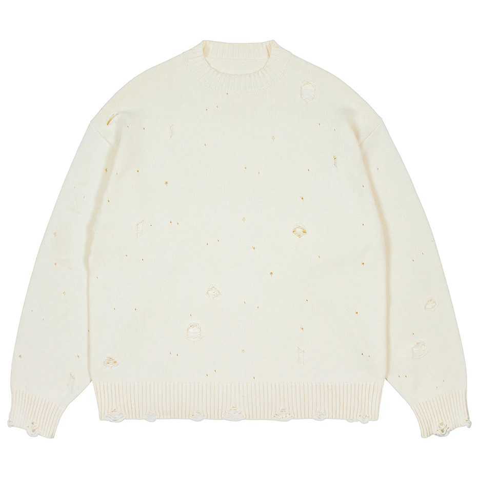 Streetwear Sweaters Harajuku Mens Ripped Sweaters Black White Hip Hop Jumpers Knitted Pullovers Unisex Y2K Sweater X260609