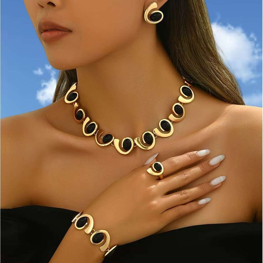 Women's Geometric Pearl Jewelry Set, Gold Plated Necklace Earrings Bracelet Ring Set, Elegant Irregular Faux Pearl Accessories