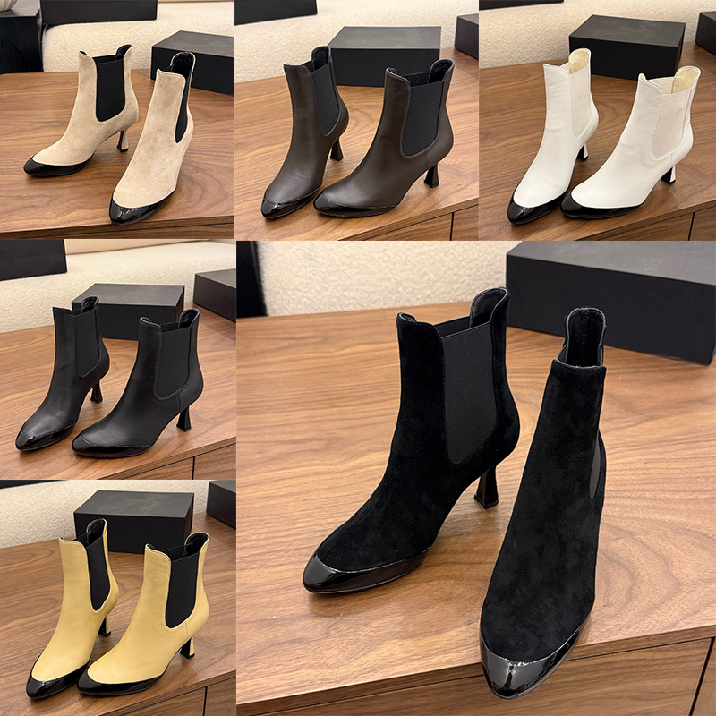 Womens SHORT BOOTS Designer Paris Fashion Show Boot Ladies Splice Pointed Tip Boots Lambskin Suede Sheepskin Lining High Quality Wedding Vacation Si