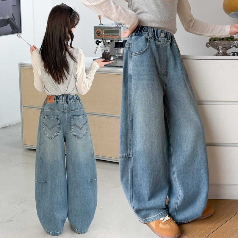 Leg Childrens Fashion Vintage Wide Baggy Jeans for Teen Girls Casual Loose Straight Denim Pants Kids Spring Fall Trousers M260609
