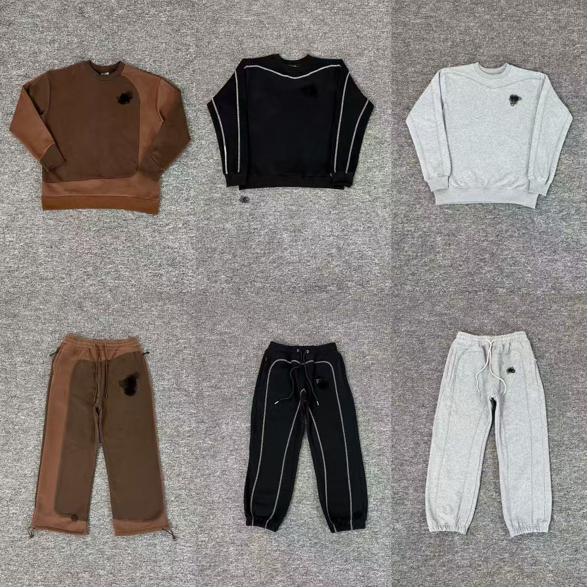 American retro street wear set embroidered letter logo spliced crew neck fleece sweatshirt casual fleece pants, ins style