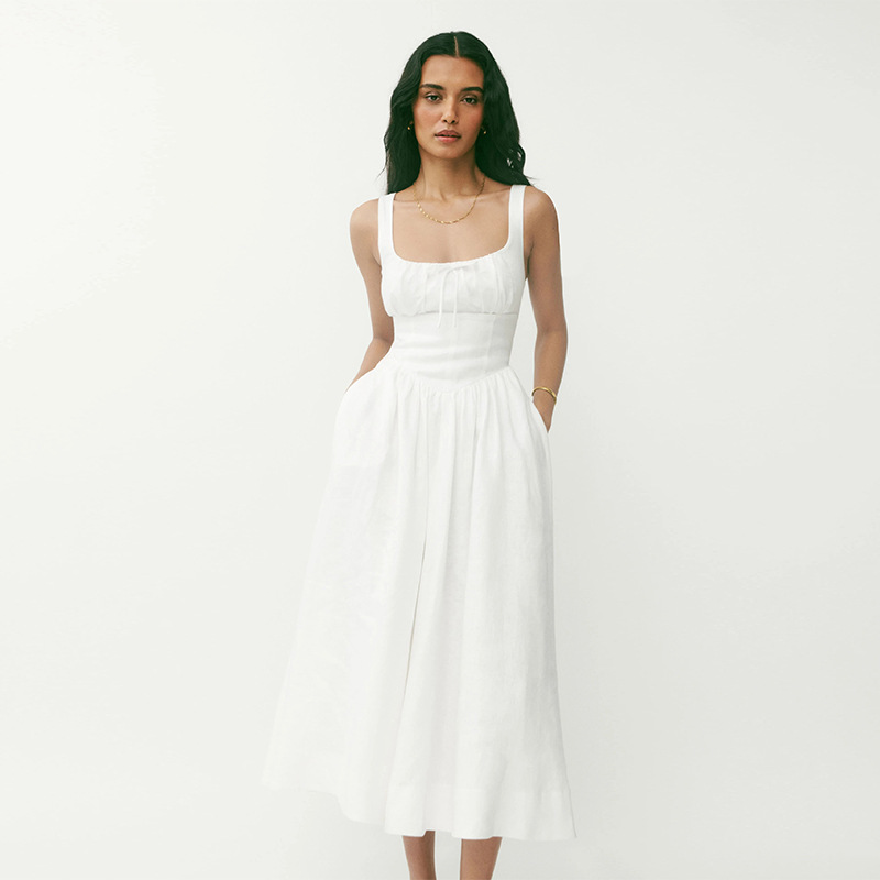 French Style Pastoral Fresh Sweet White Cotton Linen Square Neck Midi Vacation Casual Basic Dress For Women Daily Wear Outdoor Holiday