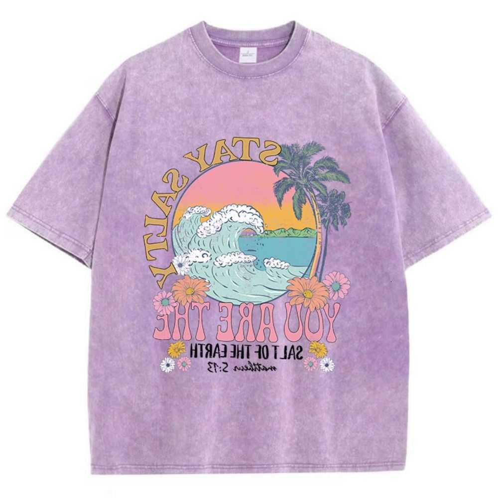 T-Shirts Summer Washed Woman Cotton Stay Salty You Are The Salt Of The Earth Printed Tops Loose O-Neck Vintage Female Clothes M260609