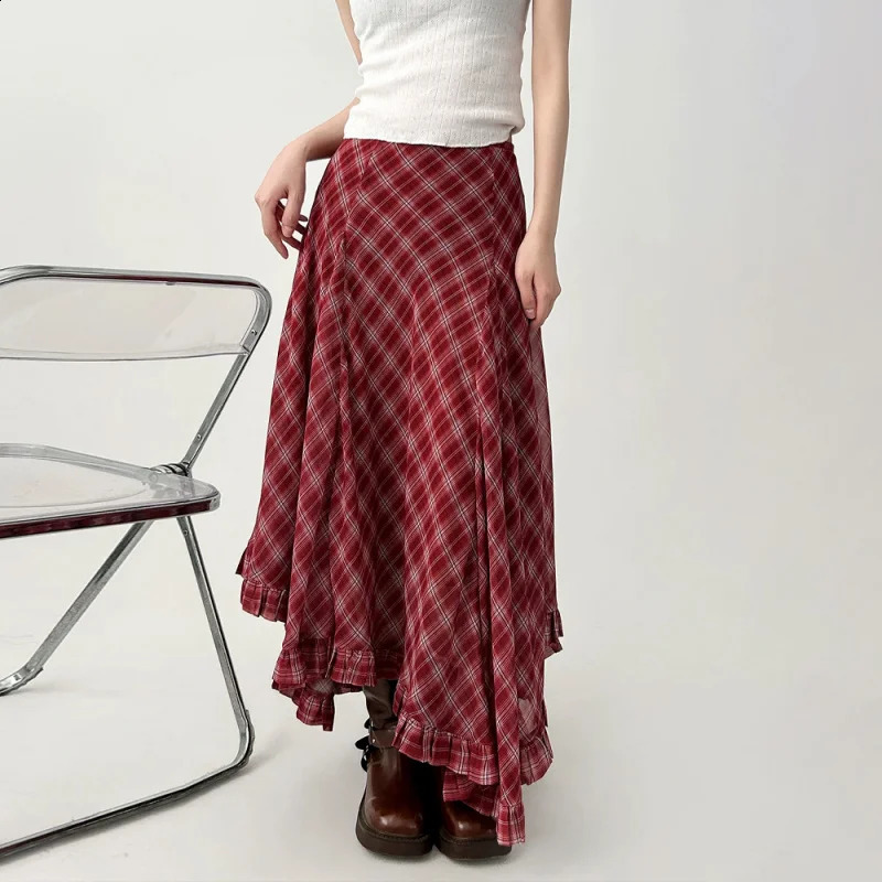 Spring Summer Vintage Two Tone Plaid Asymmetrical Hem A Line Large Flounce Midi Length Silk Half Body Skirt 260609