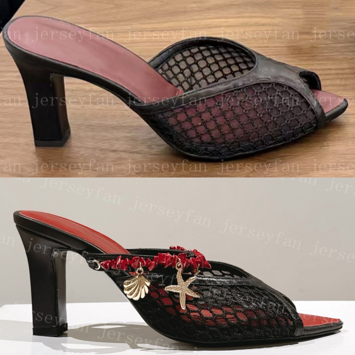 Mules de créateur à bout ouvert en maille, sandales à talons plats d'été, talons d'été vintage avec breloques en forme d'étoile de mer en coquill