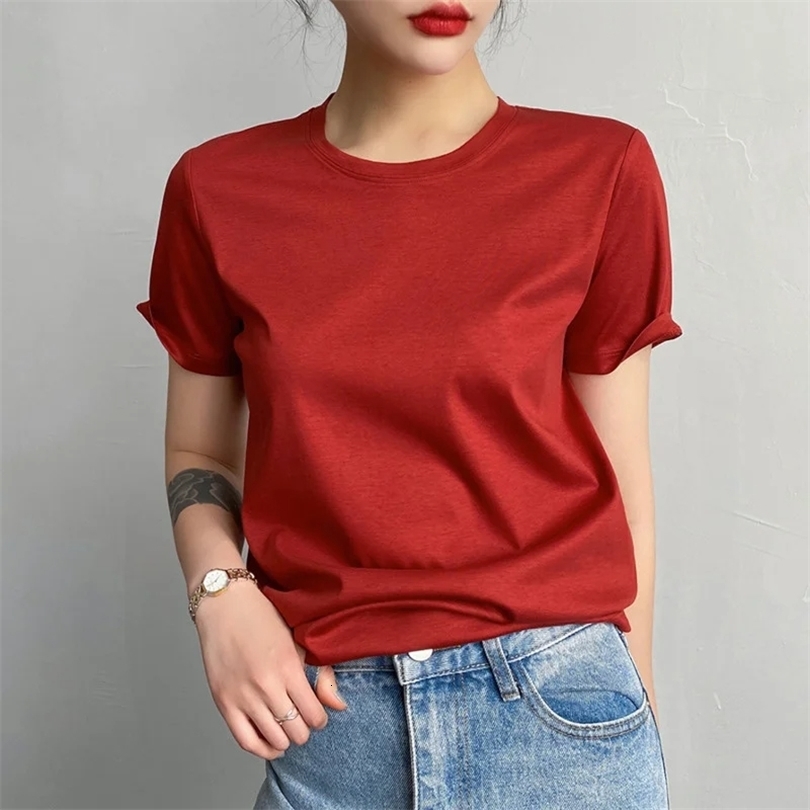Mulberry Silk Cotton Tshirts Women Solid O Neck Top Summer Short Sleeve Tees Basic Soft TShirts Loose Style Korea Fashion 260608
