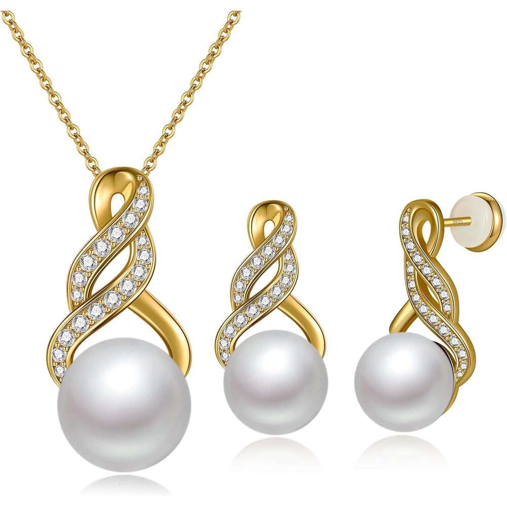 Pearl Set - Rhodium/Gold Plated Sterling Silver Infinity/Bowknot Earrings and Necklace for Women, Mother's Day Gift, Packaged in a Red Rose-image-1109645159