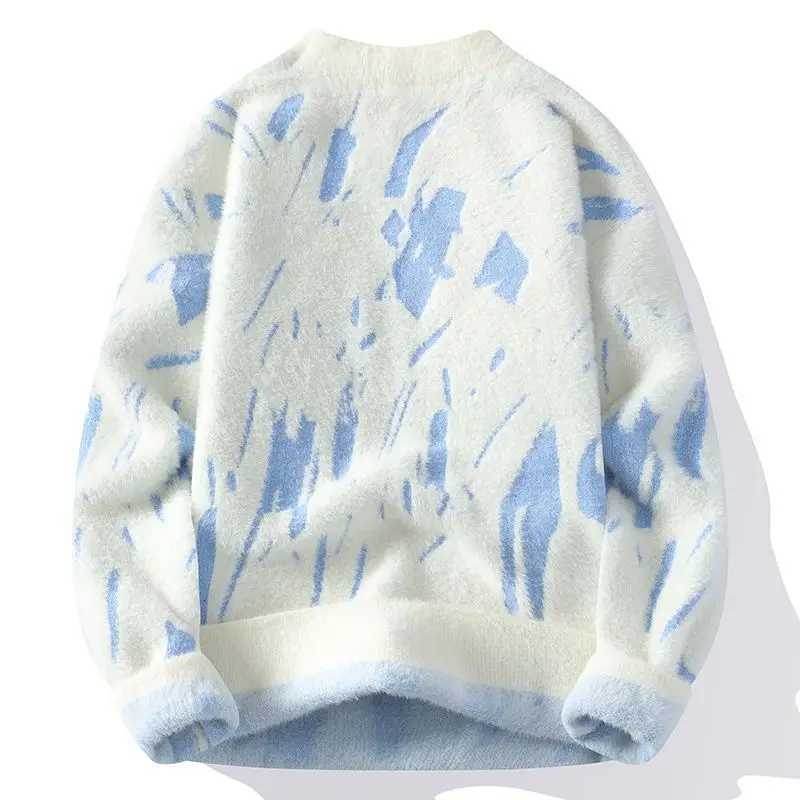 Sweater Winter Mens Thickened Fleece Irregular Jacquard Pattern Casual Round Neck Pullover Tops Striped Soft Knitted Sweaters X260609