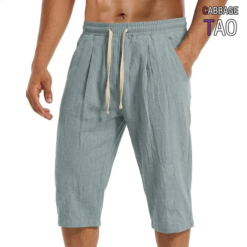 Mens Summer Solid Color Linen Blend Shorts Breathable Lightweight Cotton Fabric Loose Fit Casual Trousers Outdoor Sports Pants 260609BJ