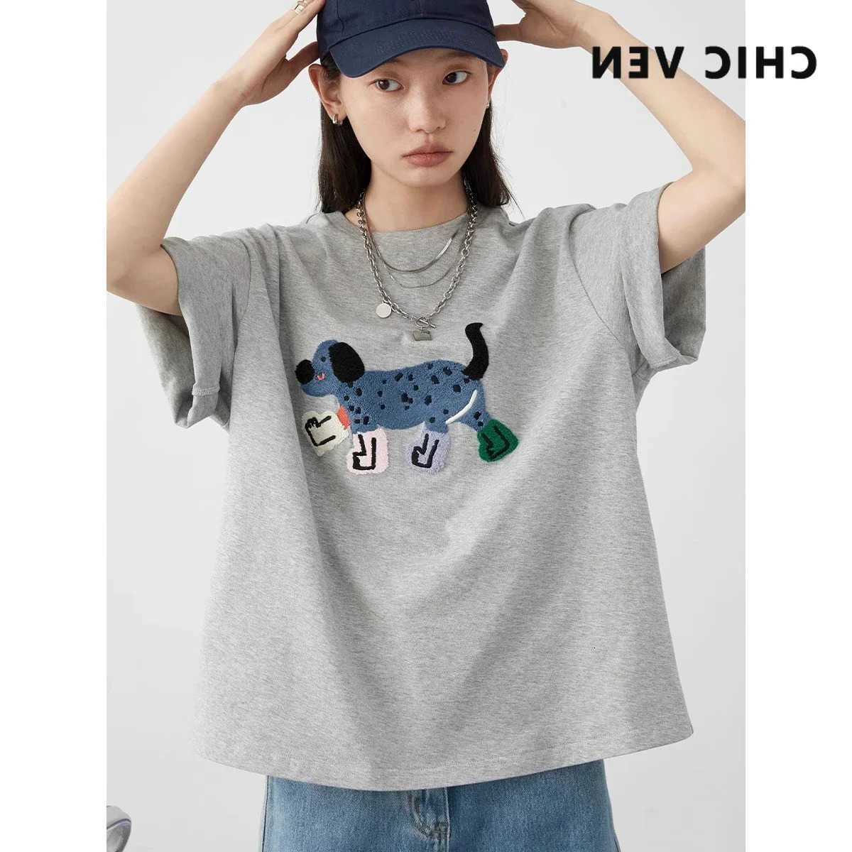 VEN CHIC Women T-Shirts Loose Strtwear Unisex Fun Dog Embroidered Short Slve Cotton Girl Top Summer S260609
