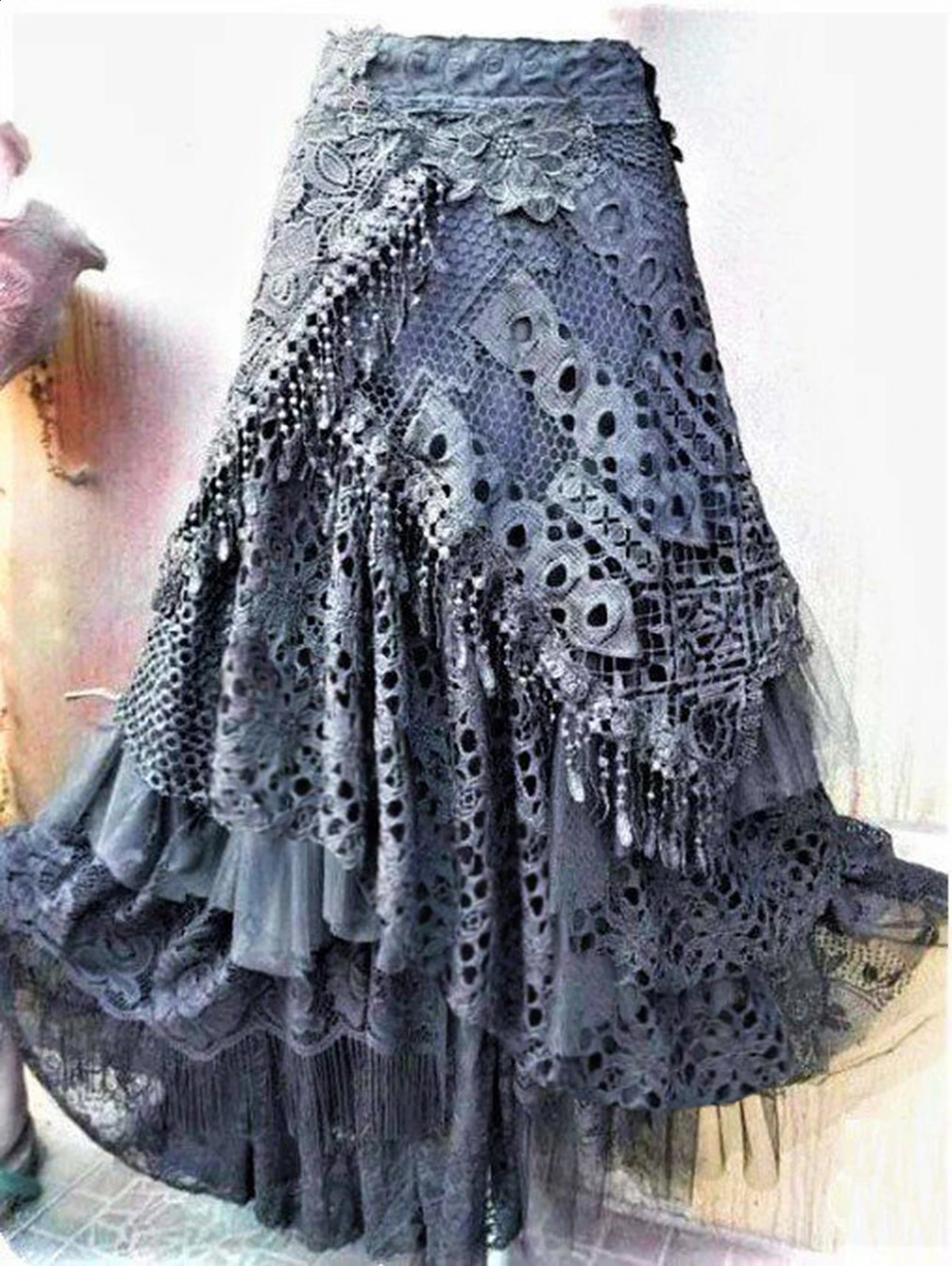Elegant Lace Asymmetrical Skirt Women Vintage Y2K Boho High Waist Hollow Mesh Patchwork Layered Maxi Skirts Lady Holiday Outfits 260609BJ