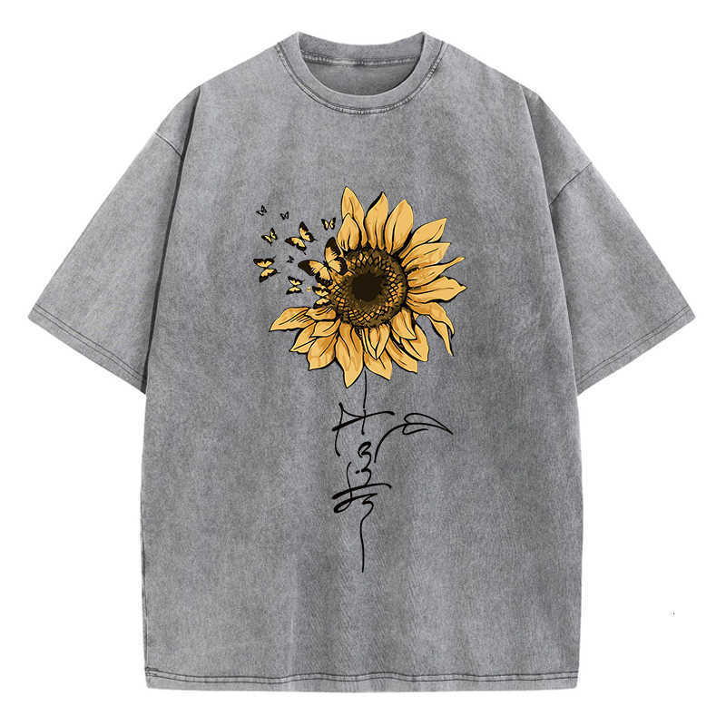 And Butterfly Cotton Washed Sunflower T-Shirt Women Prints Tops Summer O-Neck Oversized T Shirts Vintage Black Woman Clothes M260609