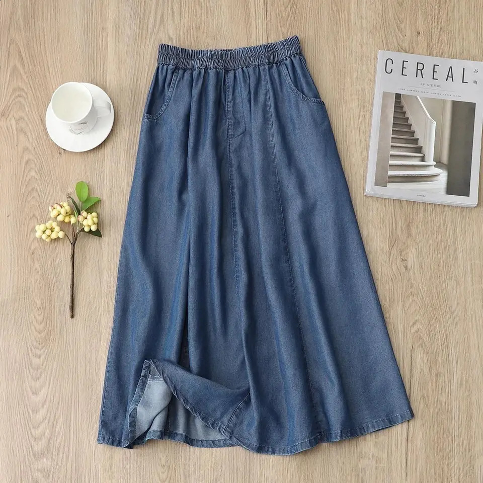 Soft Denim Skirt Womens Summer Thin Style Large Size Jean Korean Version Loose High Waisted Elastic Aline Skirts 260602