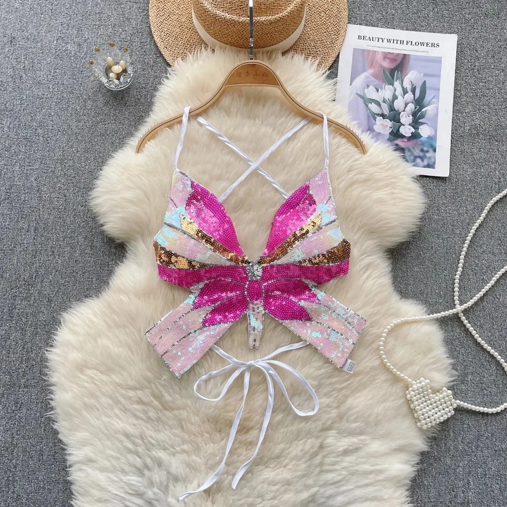 Women Chic Backless Sequin Butterfly Camis Tank Top Slim Basic Sexy Fashion Sleeveless Summer Women Crop Top 260603