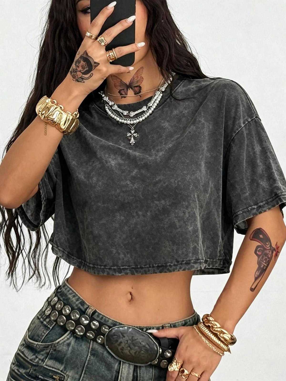 For Summer T-Shirts Cotton Washed Women Loose O-Neck Solid Crop Tops Casual Vintage Short Sleeve Tees Y2k Street Woman Clothes M260609