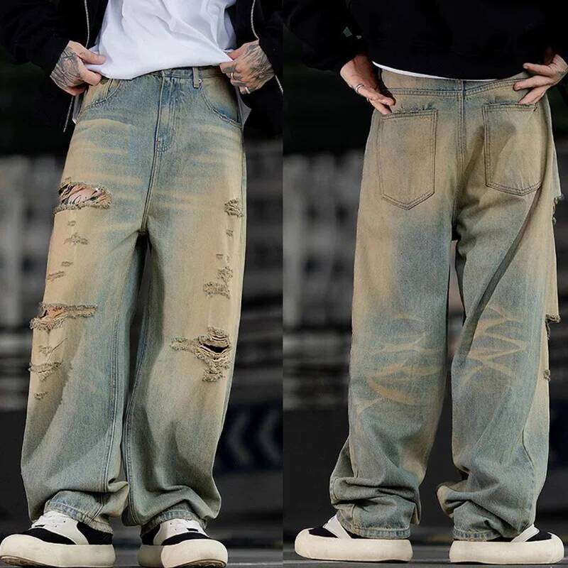 Fashionable Ripped Men's Jeans High Street Vintage Washed Pure Cotton Denim Pants Loose Straight Leg Casual Daily Male Trousers W260609