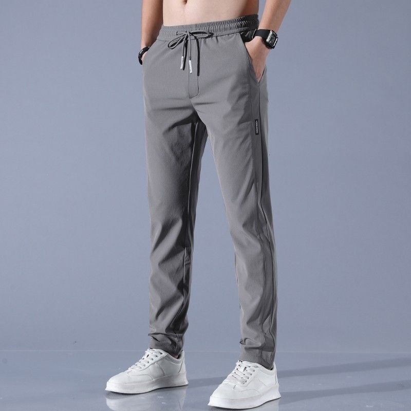 2024 Summer Ice Silk Mens Pants Black Gray Thin Business Casual Outdoor Elastic Breathable Straight Leg Sweatpants y260528BANJIA