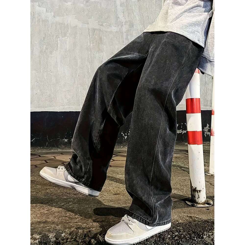 Men's Regular Fit Multi-Pocket Jeans - Street Style Cotton Blend Denim, Black & Gray, Non-Stretch, All-Season Wear, Classic Desi W260609