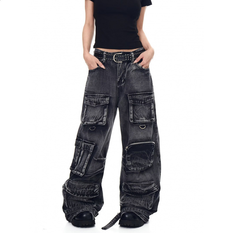 Multi-Pocket Fashion Vintage Splicing Cargo Pants American Trend Harajuku Mens Jeans Y2K Gothic Hip-Hop Wide Leg Pants 241218 L260612