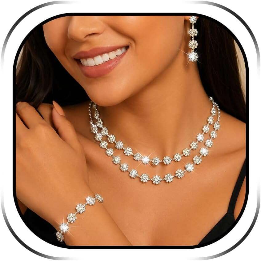 Women's Prom Set with Rhinestone Necklace, Earrings, and Bracelet, Suitable Weddings, Proms, Formal Events, Lightweight Costume Jewelry Acce-image-1109644904