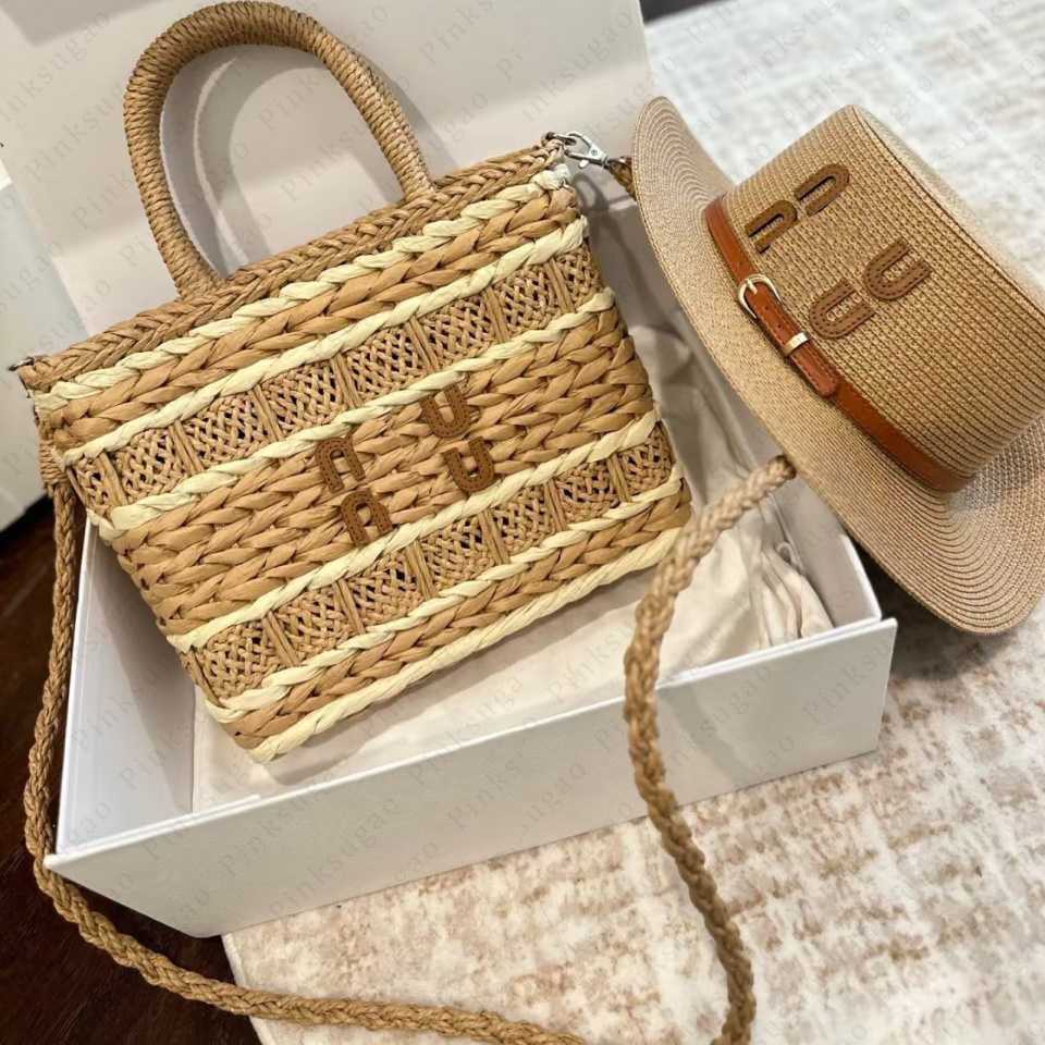 Women Straw Shoulder Bags Striped Weaving Desiger Bag Tote Bag Sun Hat Set Women's 2PCS Beach Set for Summer Vacation & Casual Bags Travel Shop