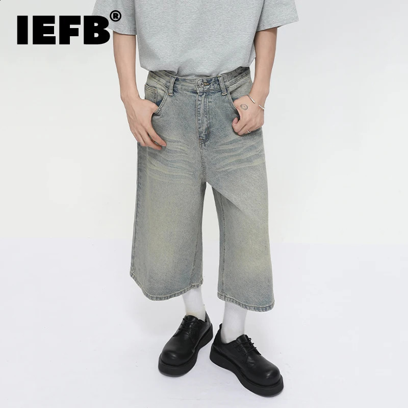 IEFB Korean Style Men Jeans Solid Color Washing Mill White All-match Straight Trousers Vintage Male Cropped Denim Shorts 9W3380 260609