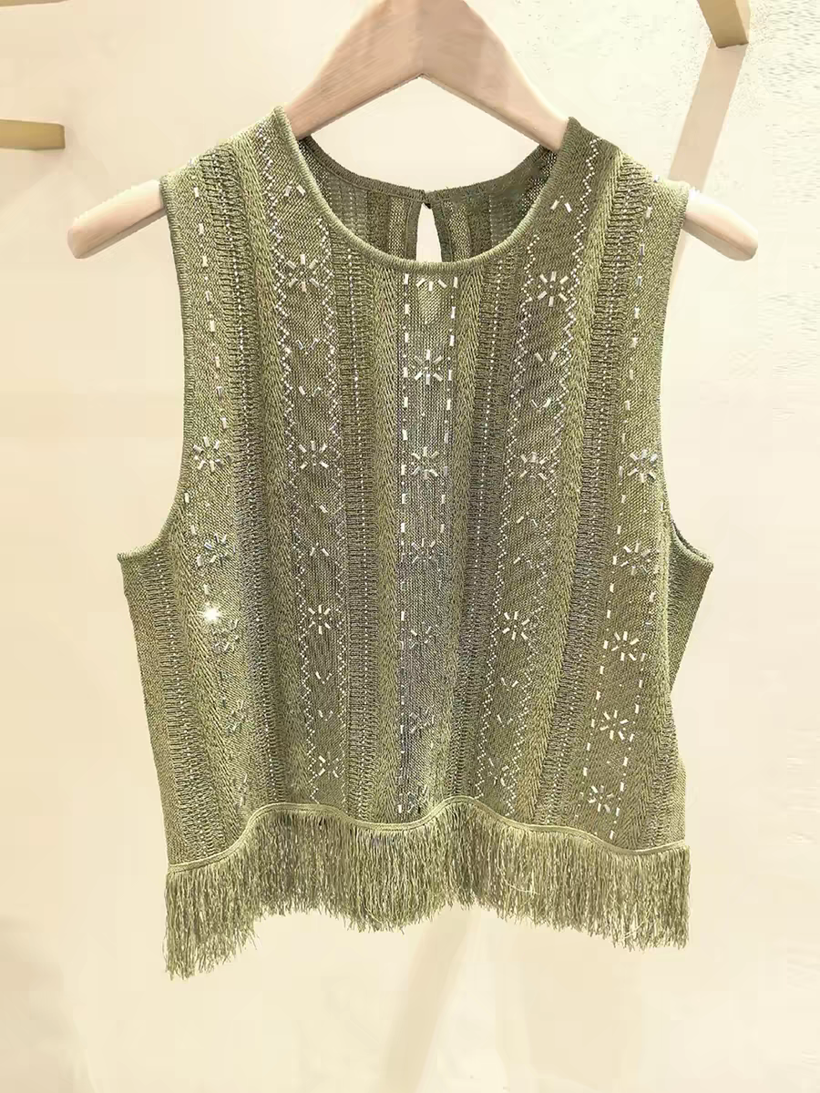 Spring/Summer Women O-Neck Tassel Rhinestone Solid Knit Set Loose Sleeveless Top + High Waist A-line Fashion Knitwear Midi Skirt