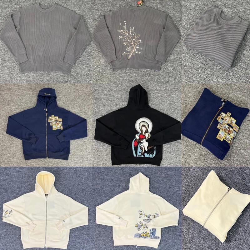Men's Sweaters American Style Trendy Derschutze Sweater High Quality Gray Casual Flower Embroidery Knitted Pullover Men Women