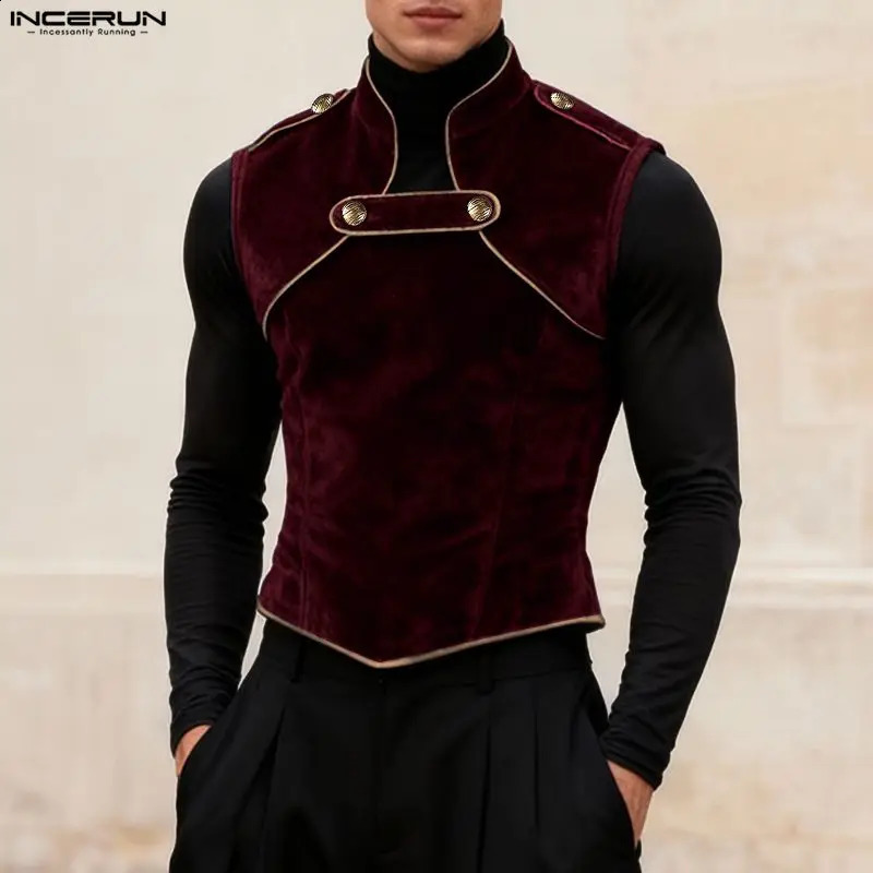 INCERUN Men Tank Tops Patchwork Stand Collar Sleeveless Casual Male Vests Streetwear Velour 2026 Fashion Crop Tops Men S-5XL 260605