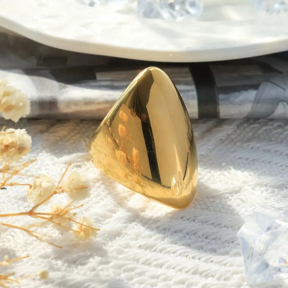 Exaggerated wide-faced smooth teardrop glossy stainless steel gold-plated ring retro geometric style unisex jewelry gift 260605